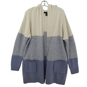 Tahari XL Blue Cream Colorblock Hooded Cardigan